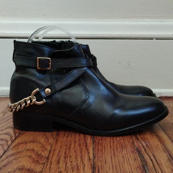 Steve Madden Black Ringo Leather Ankle Boots Size 8M Gold Braid 1in Biker Combat - Picture 3 of 17